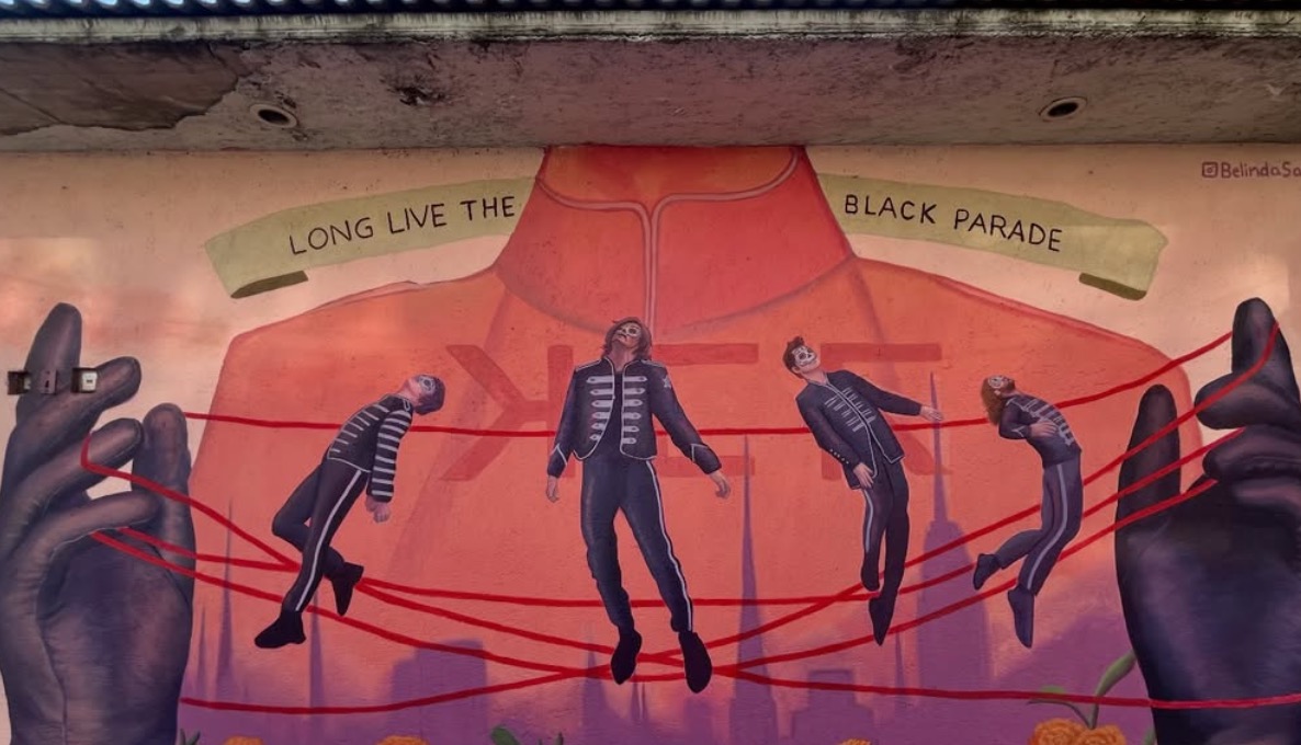 Mural de los cuatro integrantes de My Chemical Romance pintado por Belinda Salazar en Ciudad de México